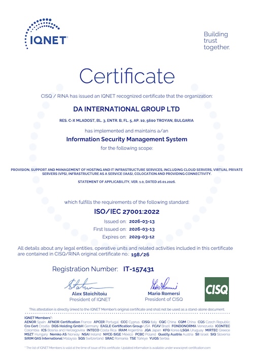 ISO/IEC 27001:2022 IQNet international attestation for DA International Group Ltd.