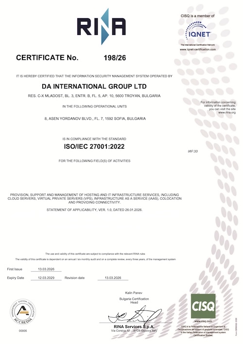 ISO/IEC 27001:2022 certificate issued by RINA to DA International Group Ltd.