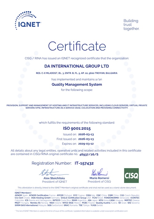 ISO 9001:2015 IQNet international attestation for DA International Group Ltd.