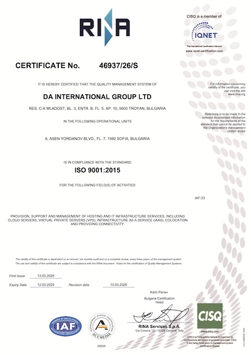 ISO 9001:2015 certificate issued by RINA to DA International Group Ltd.